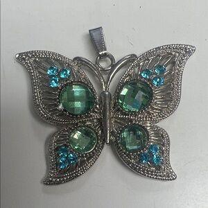 Silver Butterfly Necklace pendant with Green and Blue Crystals